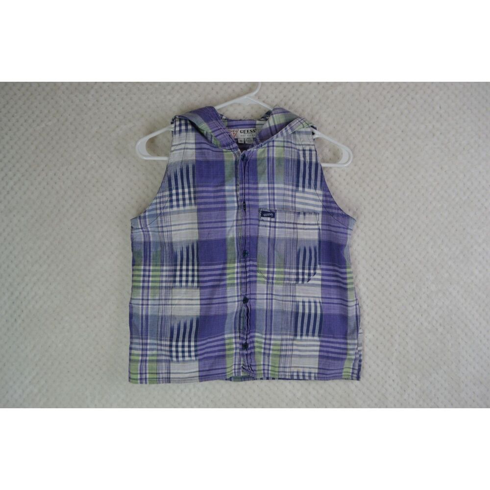 Guess Women's Small Purple Plaid Sleeveless Hooded Button Down Shirt